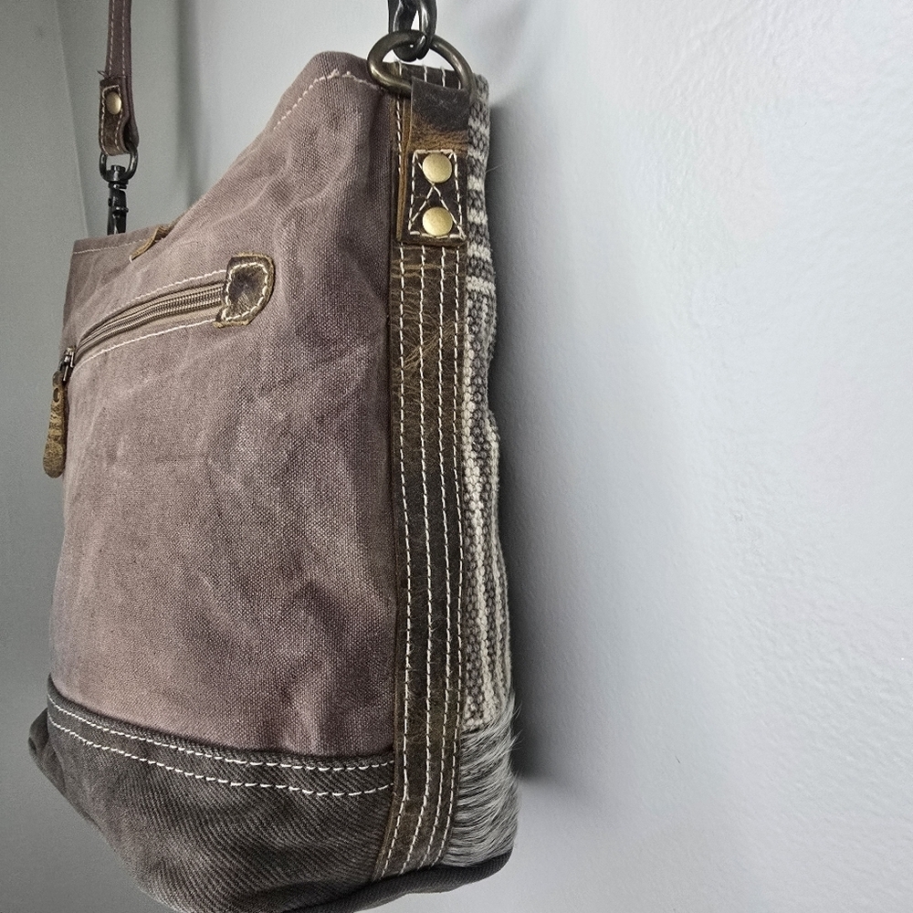 Myra Upcycled Canvas Fur Crossbody Shoulder Bag Purse Brown - Picture 5 of 16
